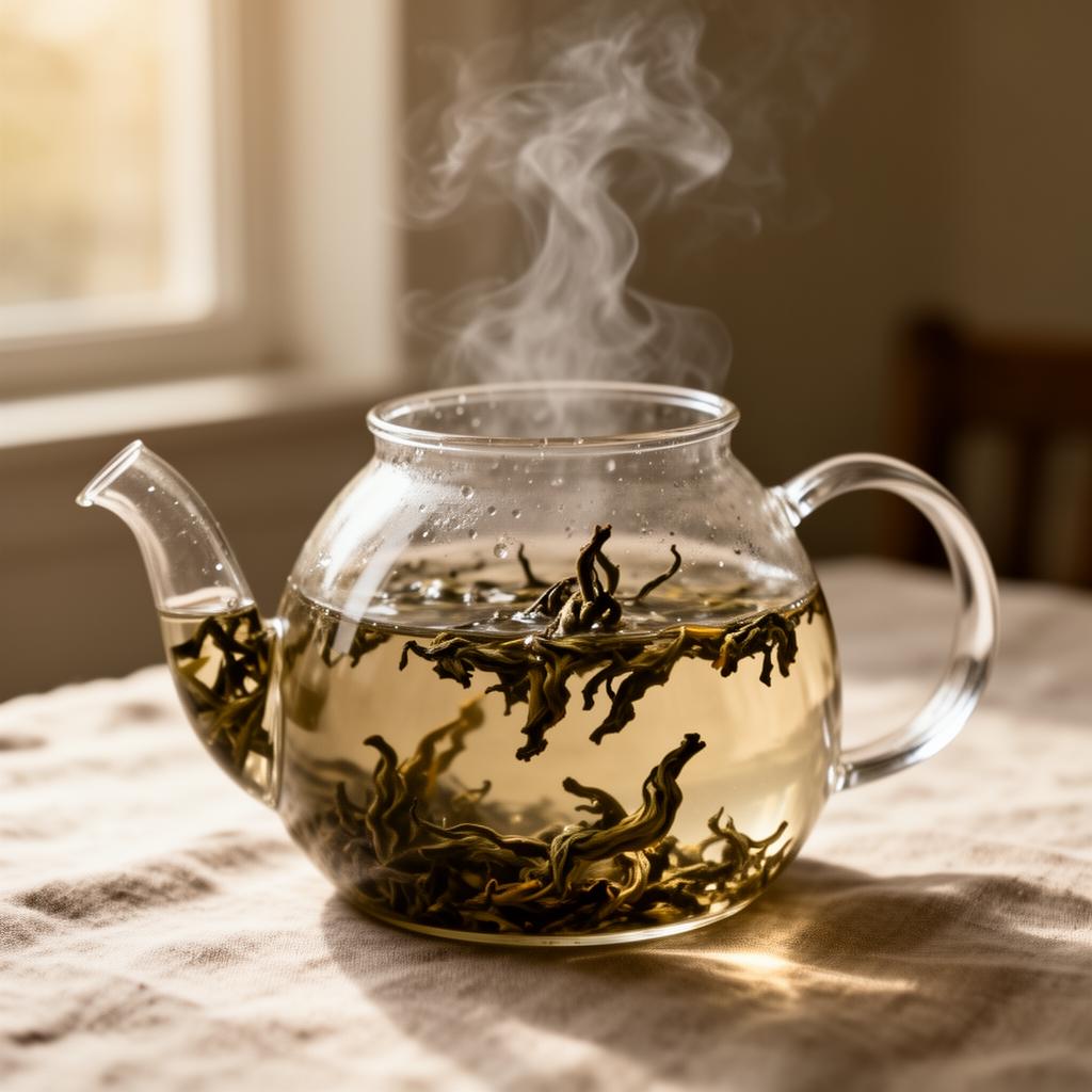 Whole-leaf tea unfurling inside a clear glass teapot mid-steep