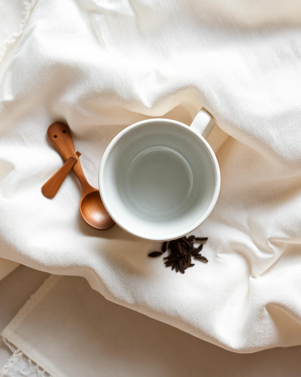 An empty teacup beside a small wooden spoon and spilled leaves